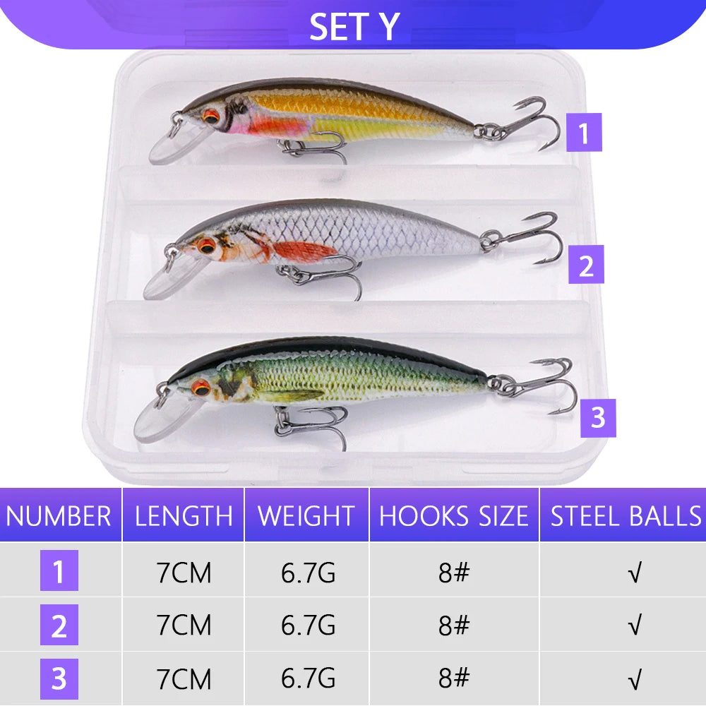 VTAVTA 3pcs Wobbler Fishing Lures Set - Bionic Minnow Kit With Box