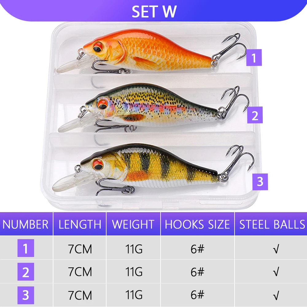 VTAVTA 3pcs Wobbler Fishing Lures Set - Bionic Minnow Kit With Box