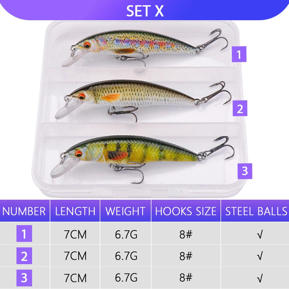 VTAVTA 3pcs Wobbler Fishing Lures Set - Bionic Minnow Kit With Box